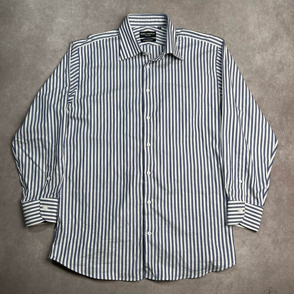 Spier & Mackay Mens Blue White Striped Contemporary Fit Dress Shirt 16.5 - 33